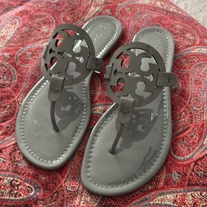 Tory Burch Gray Thong Sandals with Circular Embellishment